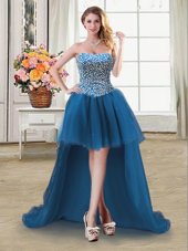 Inexpensive Teal Sleeveless Tulle Lace Up Celebrity Prom Dress for Prom and Party