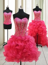 Sweetheart Sleeveless Club Wear High Low Beading Hot Pink Organza