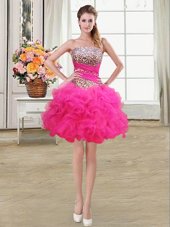 New Style Hot Pink Lace Up Strapless Beading and Ruffles and Ruffled Layers and Sequins Party Dress for Toddlers Organza Sleeveless
