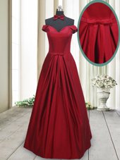 Wine Red A-line Taffeta Off The Shoulder Sleeveless Ruching and Bowknot Floor Length Lace Up Dress for Prom