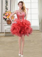 Modest Straps Sleeveless Lace Up Cocktail Dress Coral Red Organza