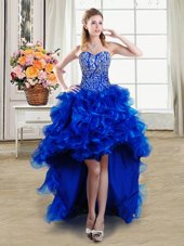 Extravagant Beading and Ruffles Homecoming Gowns Royal Blue Lace Up Sleeveless High Low