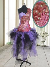One Shoulder Sleeveless Asymmetrical Beading and Appliques Zipper Club Wear with Multi-color