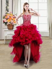 Red Sweetheart Lace Up Beading and Ruffles Homecoming Party Dress Sleeveless