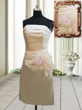 Latest Champagne Zipper Strapless Ruching and Hand Made Flower Cocktail Dress Satin Sleeveless