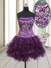 Sleeveless Lace Up Mini Length Beading and Ruffles Club Wear