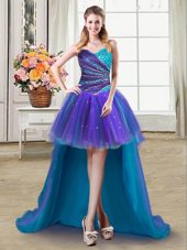 Affordable Sleeveless Lace Up High Low Beading and Ruffles Prom Homecoming Dress