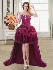 Beading and Appliques and Pick Ups Homecoming Dress Burgundy Lace Up Sleeveless High Low