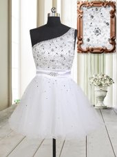 Amazing White Zipper One Shoulder Beading Teens Party Dress Tulle Sleeveless