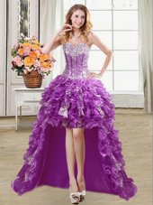 Sequins A-line Homecoming Gowns Purple Sweetheart Organza Sleeveless High Low Lace Up