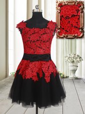 Glorious Square Red And Black Tulle Zipper Club Wear Sleeveless Mini Length Appliques