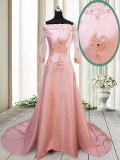 Amazing Square Peach Zipper Prom Dress Beading and Appliques Long Sleeves With Brush Train