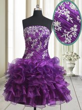Traditional Purple Sleeveless Beading and Ruffled Layers Mini Length Cocktail Dresses
