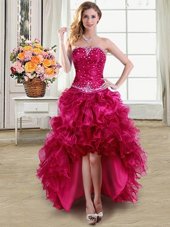 Dramatic Fuchsia Sleeveless Organza Lace Up for Prom and Party