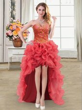 Modest High Low Coral Red Prom Gown Sweetheart Sleeveless Lace Up