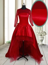 Top Selling High Low Wine Red Pageant Dress for Womens Scoop Long Sleeves Clasp Handle