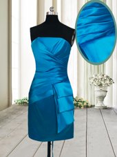 Strapless Sleeveless Club Wear Mini Length Ruching Teal Satin