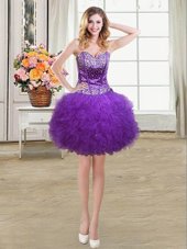 Simple Eggplant Purple Ball Gowns Tulle Sweetheart Sleeveless Beading and Ruffles Mini Length Lace Up Casual Dresses