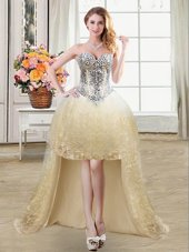 Enchanting Sleeveless Tulle and Lace High Low Lace Up Homecoming Party Dress in Champagne for with Beading and Lace and Sequins