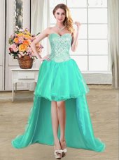 Sleeveless High Low Beading and Ruffles and Pick Ups Lace Up Prom Evening Gown with Turquoise
