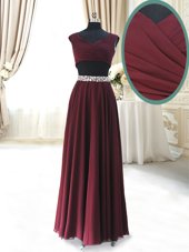 Flirting Burgundy Cap Sleeves Ankle Length Beading and Belt Zipper Prom Dresses