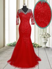 Graceful Mermaid Half Sleeves With Train Lace Clasp Handle Dress for Prom with Red Brush Train