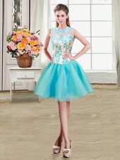 Wonderful See Through Mini Length Aqua Blue Scoop Sleeveless Zipper