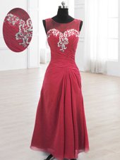 Stylish Scoop Wine Red A-line Beading and Ruching Prom Gown Lace Up Chiffon Sleeveless Floor Length