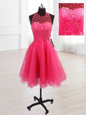Hot Pink Organza Lace Up High-neck Sleeveless Knee Length Juniors Party Dress Sequins