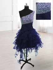 Captivating One Shoulder Navy Blue Lace Up Cocktail Dress Beading Sleeveless Knee Length