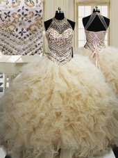 Charming Halter Top Sleeveless Lace Up Sweet 16 Dresses Champagne Tulle