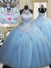 Perfect Floor Length Ball Gowns Sleeveless Light Blue Quinceanera Gown Lace Up