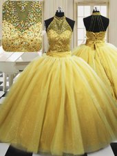 Romantic Yellow Ball Gowns Beading Quince Ball Gowns Lace Up Tulle Sleeveless With Train