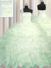 One Shoulder Beading and Ruffles Sweet 16 Quinceanera Dress Apple Green Zipper Sleeveless Floor Length