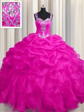 Customized See Through Zipper Up Hot Pink Straps Neckline Appliques and Ruffles and Ruffled Layers Quinceanera Gowns Sleeveless Zipper