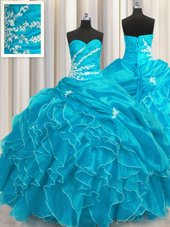 Sleeveless Organza Floor Length Lace Up Quince Ball Gowns in Aqua Blue for with Beading and Appliques and Ruffles