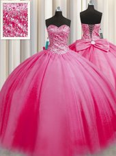 Affordable Big Puffy Rose Pink Ball Gowns Sweetheart Sleeveless Tulle Floor Length Lace Up Beading Vestidos de Quinceanera