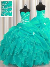 Turquoise Ball Gowns Beading and Appliques and Ruffles Quinceanera Dresses Lace Up Organza Sleeveless Floor Length