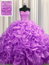 Pick Ups With Train Ball Gowns Sleeveless Lilac Sweet 16 Dresses Court Train Lace Up