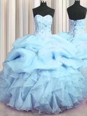 Cute Visible Boning Sleeveless Organza Floor Length Lace Up Ball Gown Prom Dress in Baby Blue for with Beading and Ruffles and Pick Ups