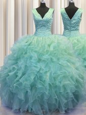 Sumptuous V Neck Zipper Up Organza Sleeveless Floor Length Sweet 16 Quinceanera Dress and Ruffles