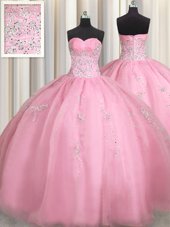 Sweet Two Tone Visible Boning Floor Length Blue And White Quince Ball Gowns Organza Sleeveless Beading and Ruffles