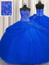 Attractive Big Puffy Royal Blue Ball Gowns Sweetheart Sleeveless Tulle Floor Length Lace Up Beading Sweet 16 Dress