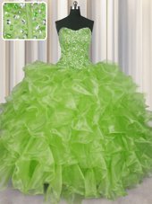 Visible Boning Beading and Ruffles Quinceanera Gowns Yellow Green Lace Up Sleeveless Floor Length