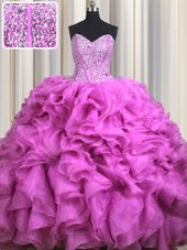 Best Selling Visible Boning Organza Sleeveless With Train Sweet 16 Quinceanera Dress Brush Train and Beading and Ruffles