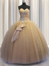 Sweetheart Sleeveless Quinceanera Gown Floor Length Beading and Bowknot Champagne Tulle and Sequined