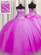 Traditional Really Puffy Sweetheart Sleeveless Sweet 16 Quinceanera Dress Floor Length Beading Fuchsia Tulle