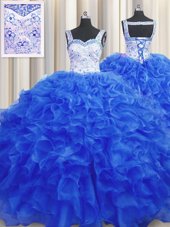 Royal Blue Organza Lace Up Ball Gown Prom Dress Sleeveless Floor Length Beading
