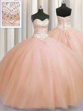 Glamorous Bling-bling Really Puffy Peach Sleeveless Beading Floor Length Quince Ball Gowns