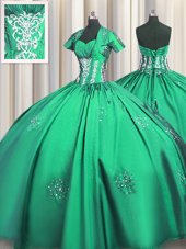 Latest Short Sleeves Beading and Appliques and Ruching Lace Up Quinceanera Dresses